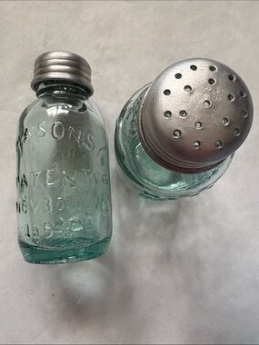 Vintage Mason's Patent Embossed 1958 Salt & Pepper Shakers - Aqua Glass set